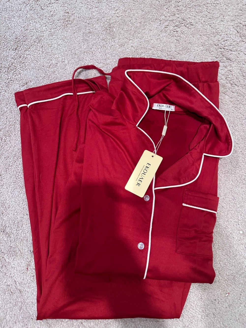 Ekouaer Red Satin Pajama Set with Contrast Piping